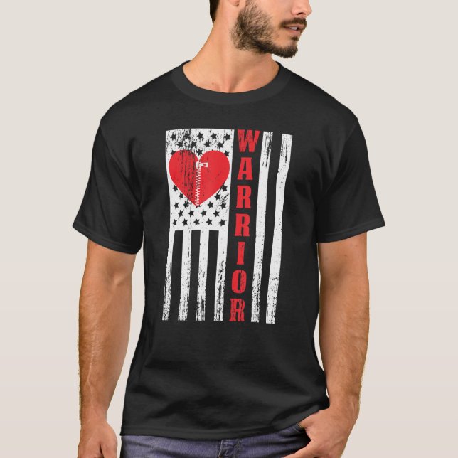 Open Heart Surgery Warrior US Flag- Heart Patients T-Shirt (Front)