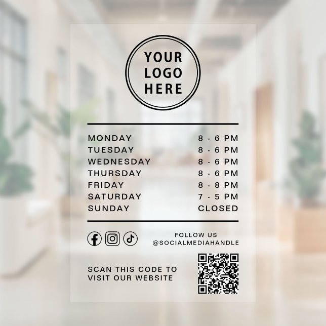 Open Hours Business Logo Social Media QR Code Window Cling (Business Logo Open Hours Social Media QR Code Window Cling)