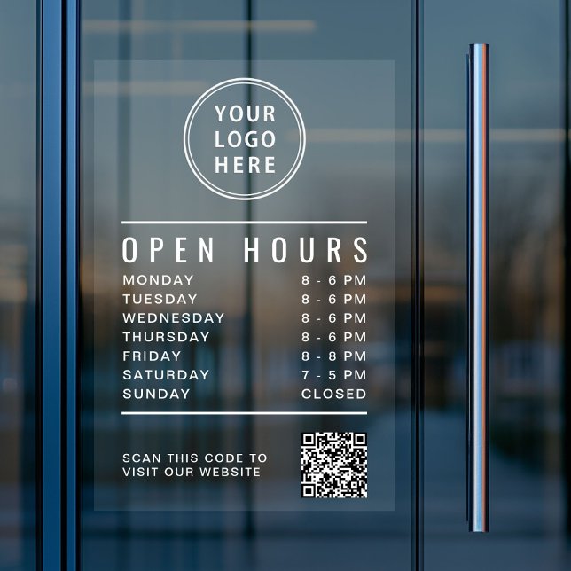 Open Hours QR Code Business Logo White Lettering Window Cling (Open Hours QR Code Business Logo White Lettering Window Cling)