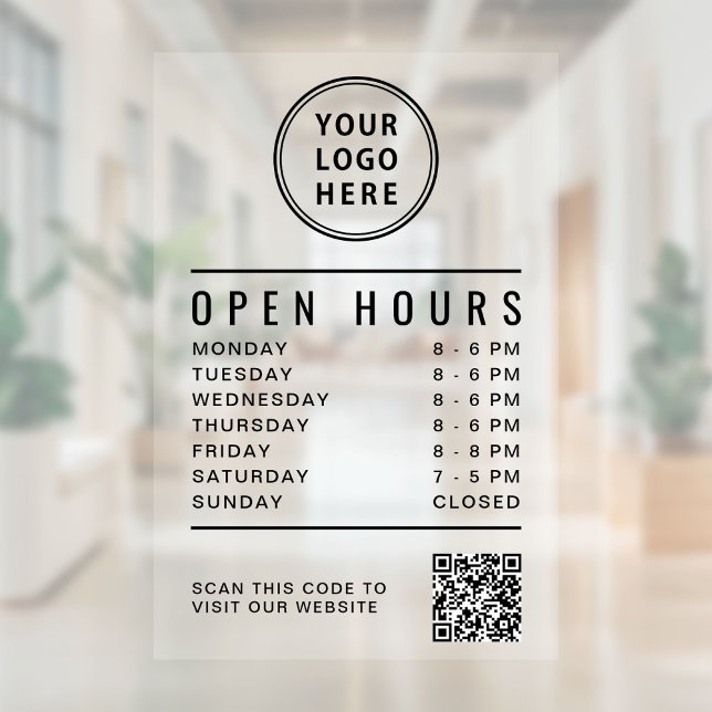 Open Hours QR Code Business Logo Window Cling (Minimalist Open Hours QR Code Business Logo Window Cling)