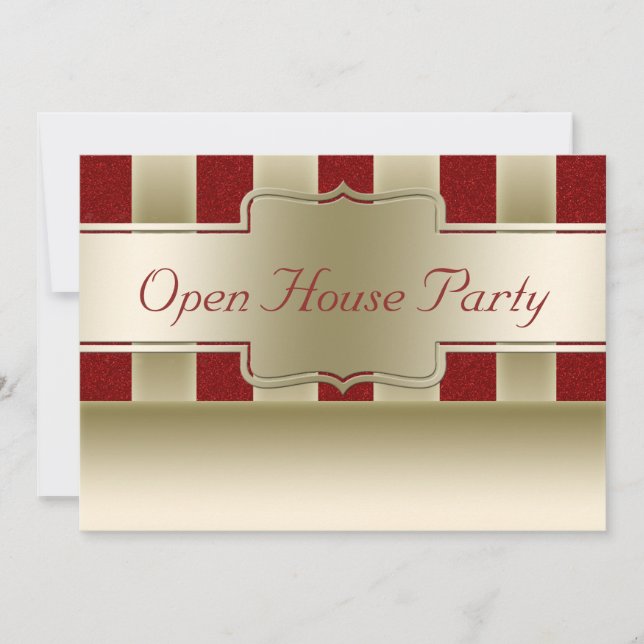 Open House Party | Red Glitter Gold Stripes Invitation (Front)