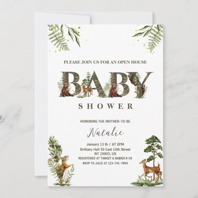 open house woodland forest animals baby shower invitation (Front)