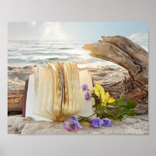 open journal on beach driftwood poster