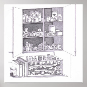 Open Kitchen Cabinet and Shelves Filled Various Poster