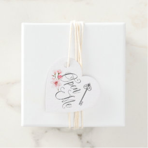 Open Me Elegant Script Vintage Key & Florals Favour Tags