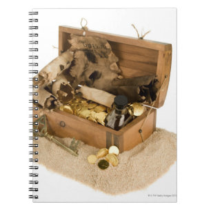 Open replica of treasure chest on sand notebook