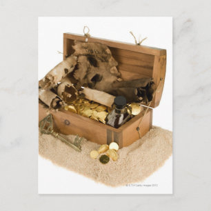 Open replica of treasure chest on sand postcard