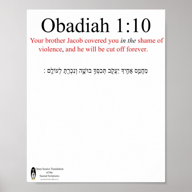Open Source Translation Obadiah 1:10 Poster (Front)