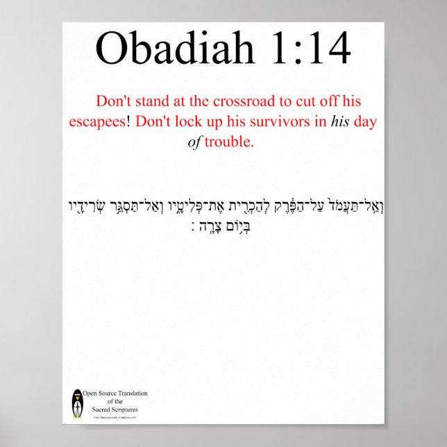 Open Source Translation Obadiah 1:14 Poster (Front)