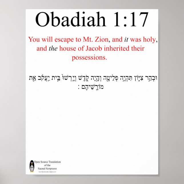 Open Source Translation Obadiah 1:17 Poster (Front)