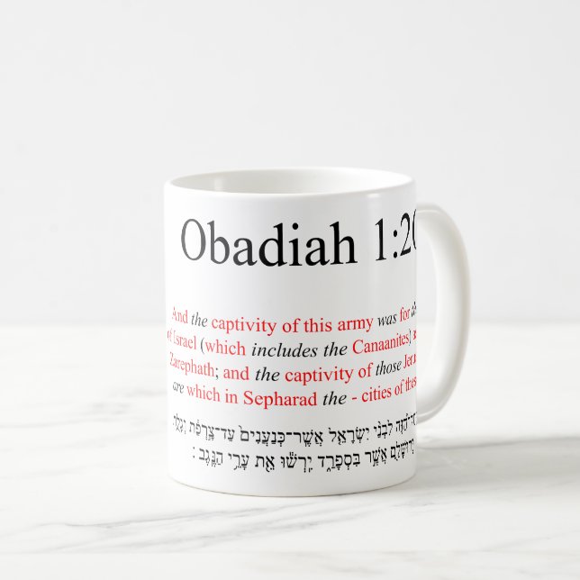 Open Source Translation Obadiah 1:20 Mug (Front Right)