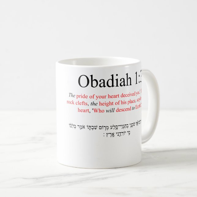 Open Source Translation Obadiah 1:3 Mug (Front Right)
