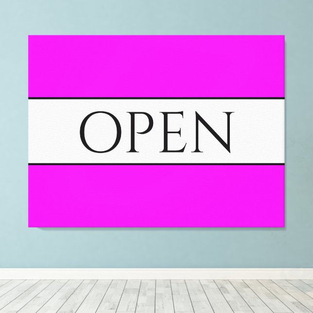 OPEN Sporty Fun Bright Tropical Pink White Stripes Canvas Print (Insitu(Wood Floor))