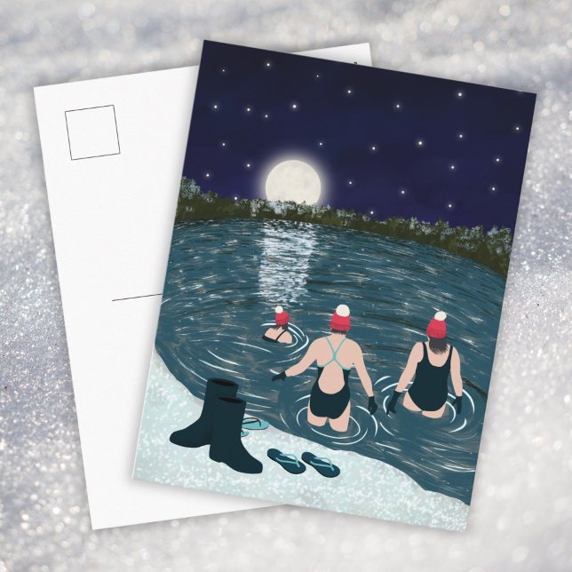 Open water swimming in a lake with snow Christmas Holiday Postcard (Creator Uploaded)