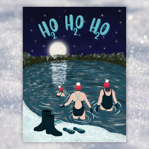 Open water swimming in a lake with snow Christmas Holiday Postcard