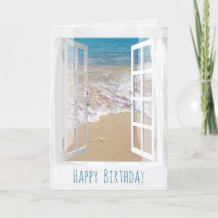open window and starfish ocean scene card