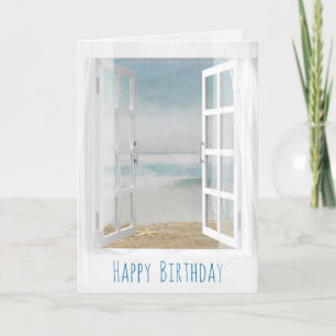 open window and starfish ocean scene watercolor card