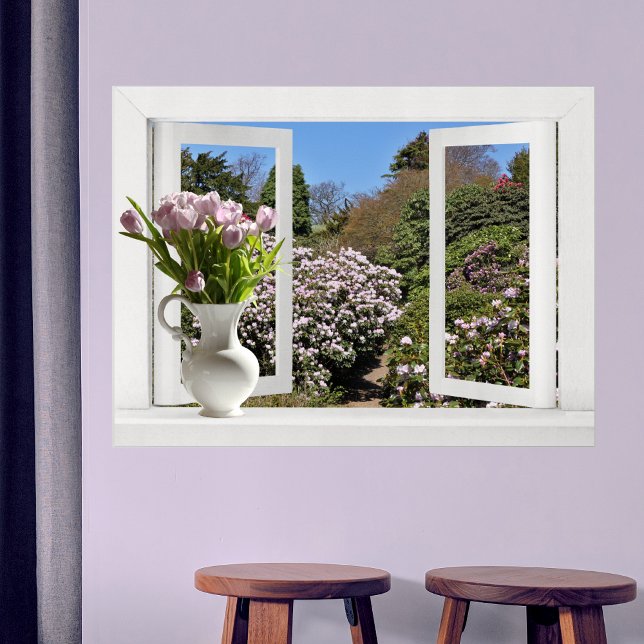 Open Window onto Garden with Pink Tulips Poster (Creator Uploaded)
