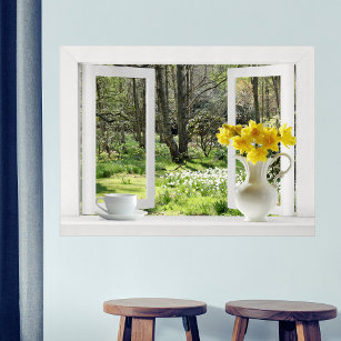 Open Window onto Woodland Scene with Daffodils Poster