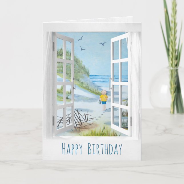open window seashore scene birthday card (Front)
