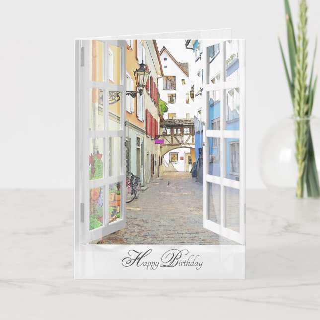 open window view of old Austrian town birthday Card (Front)