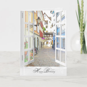 open window view of old Austrian town Card