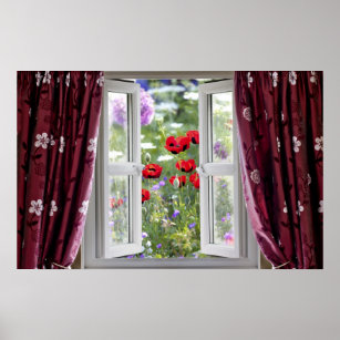 Open window view onto wild flower garden poster