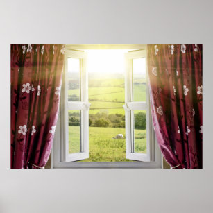 Open window with countryside view and sunlight str poster