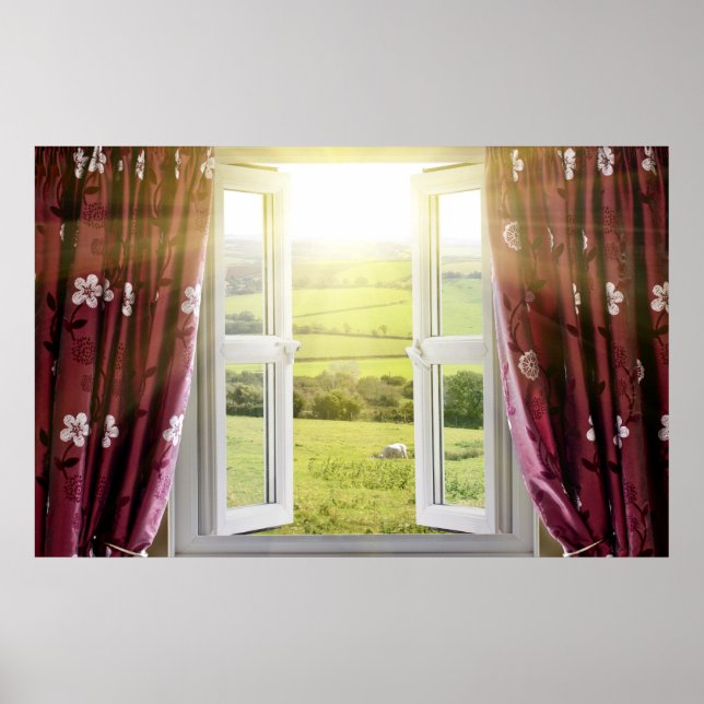 Open window with countryside view and sunlight str poster (Front)