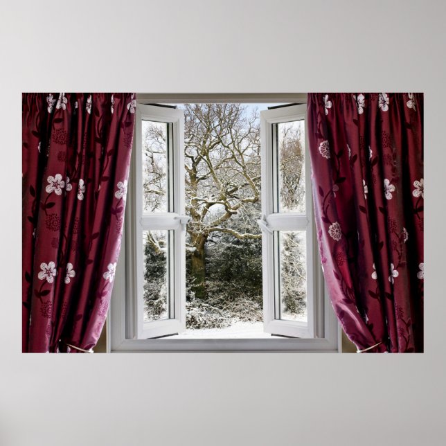 Open window with view to a snowy winter scene poster (Front)