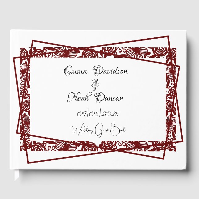 Open-Work Elegant Maroon-Burgundy Wedding Guest Book (Front)