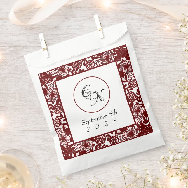 Open-Work Monogram White-Burgundy Wedding  Favour Bags (Clipped)