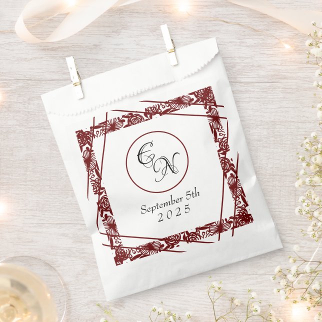 Open-Work Monogram White-Burgundy Wedding  Favour Bags (Clipped)
