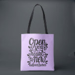 Open Your Heart To New Adventures Tote Bag<br><div class="desc">Inspirational quote open your heart to new adventures.  | © and ® Bigstock® - All Rights Reserved.</div>