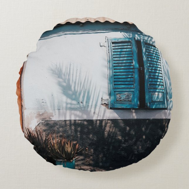 OPENED BLUE LOUVERED WINDOWS ROUND CUSHION (Front)