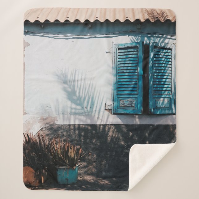 OPENED BLUE LOUVERED WINDOWS SHERPA BLANKET (Front)