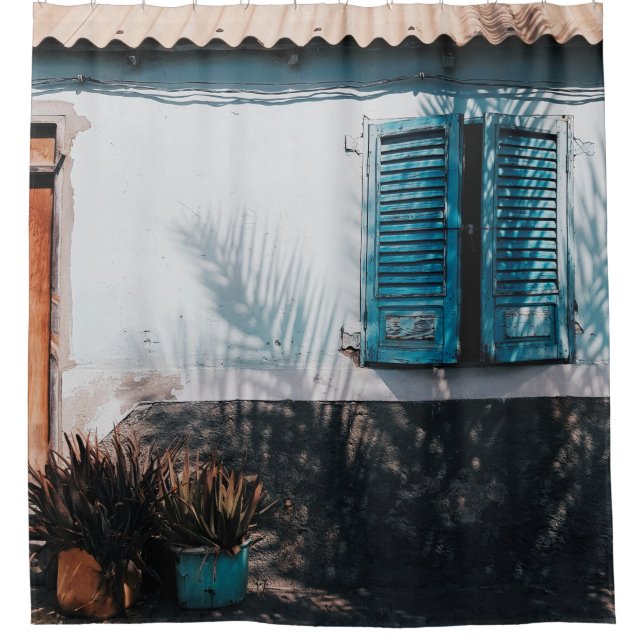 OPENED BLUE LOUVERED WINDOWS SHOWER CURTAIN (Front)