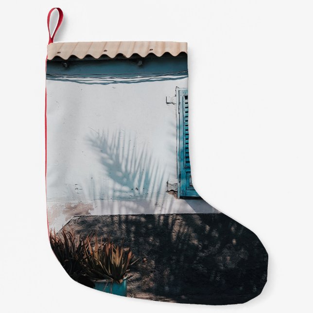 OPENED BLUE LOUVERED WINDOWS SMALL CHRISTMAS STOCKING (Front)