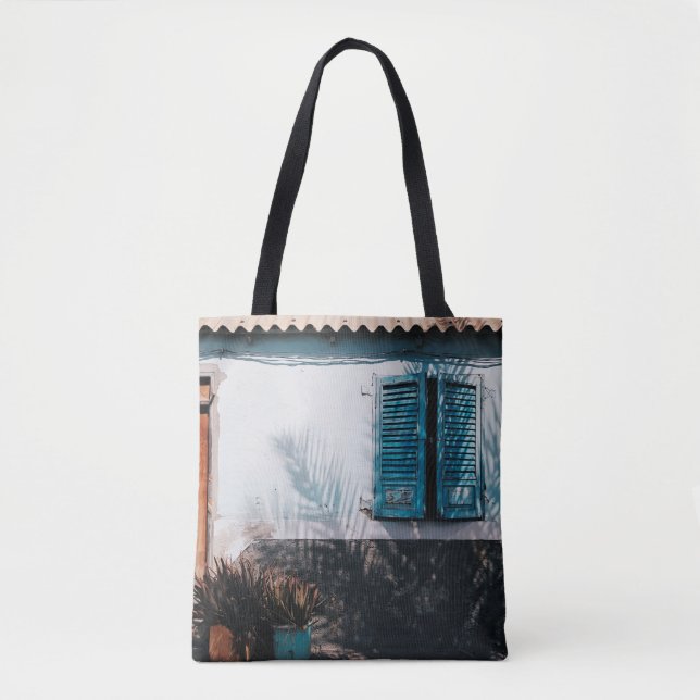 OPENED BLUE LOUVERED WINDOWS TOTE BAG (Front)