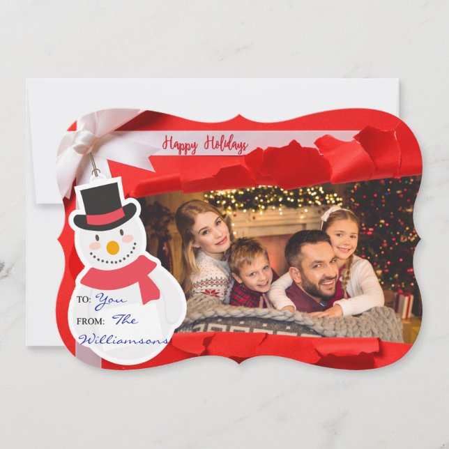Opened Gift Reveals Family Photo Fancy Cut Holiday Card (Front)
