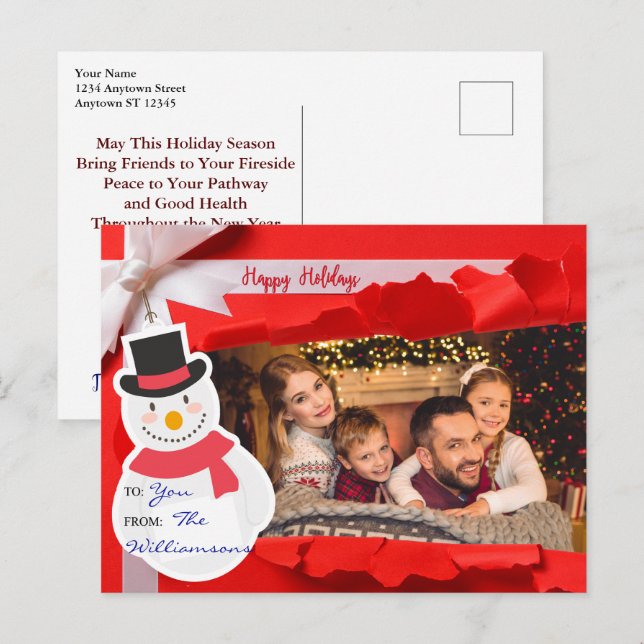 Opened Gift Reveals Family Photo Happy Holidays Postcard (Front/Back)