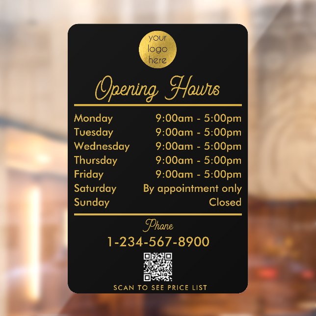 Opening Business Hours Logo Black Gold Script Window Cling (Sheet 2)