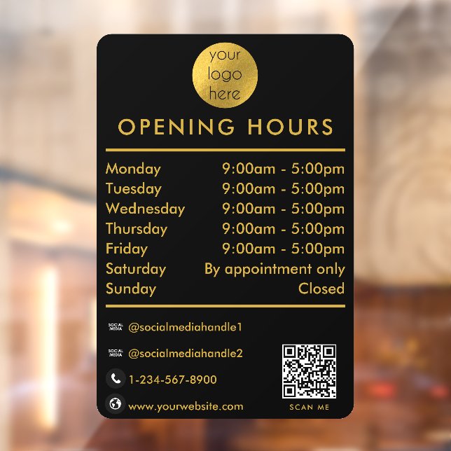 Opening Business Hours Times Logo Black Gold Window Cling (Sheet 2)