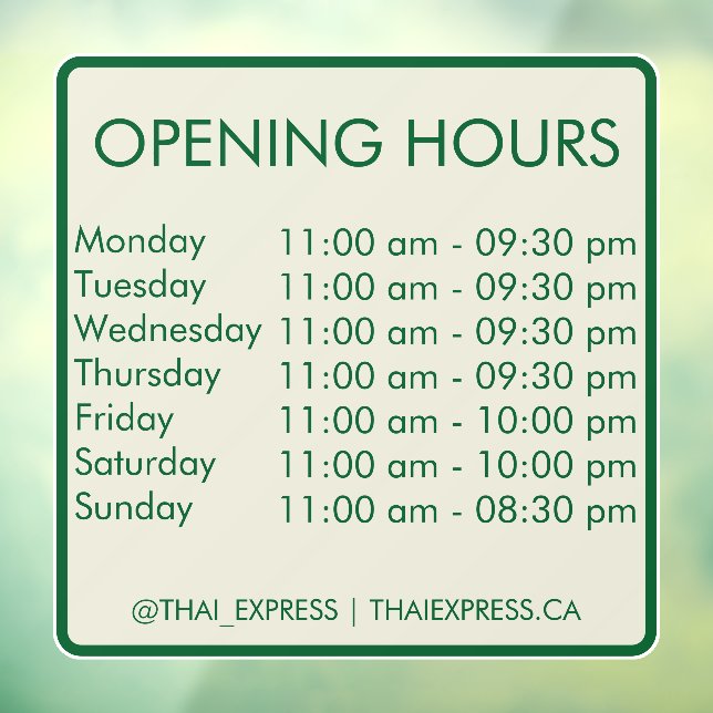 Opening Hours - 30.5 x 30.5 - English Window Cling (Sheet 3)