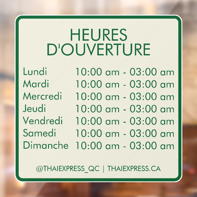 Opening Hours - 4x4 - French Window Cling (Sheet 2)