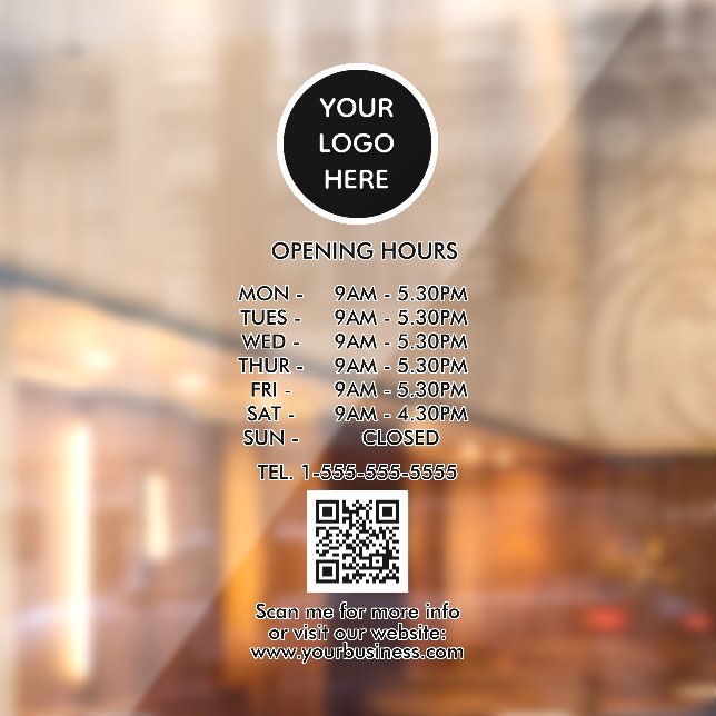 Opening Hours Black Business Logo QR Code  Window Cling (Sheet 2)