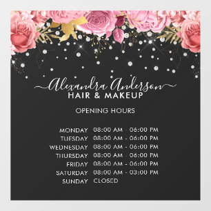 Opening Hours Black Pink Floral Diamonds Glitter  Window Cling