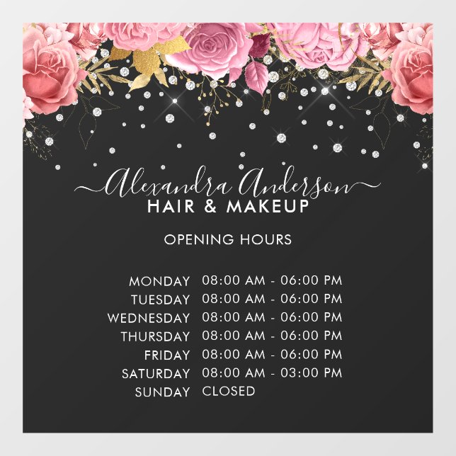 Opening Hours Black Pink Floral Diamonds Glitter  Window Cling (Sheet)