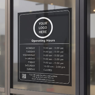 Opening Hours Business Logo QR Code Black & White Window Cling