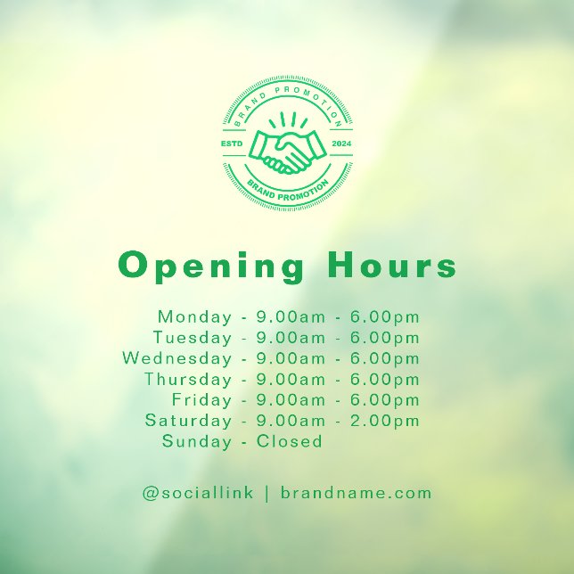 Opening Hours Business Logo Transparent Green Window Cling (Sheet 3)